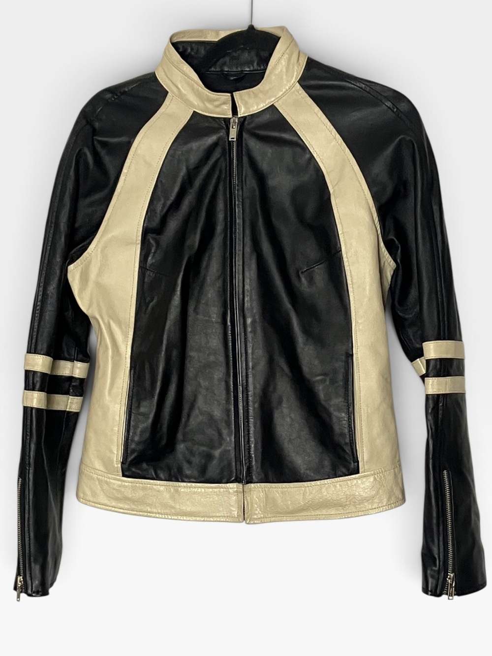 Vintage Wilsons Leather Moto Racing Jacket Black and Cream Medium